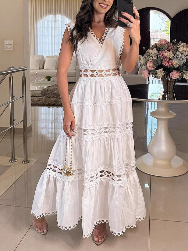 Ärmelloses Vintage-Maxikleid mit Spitzenstickerei und Hohlsaum