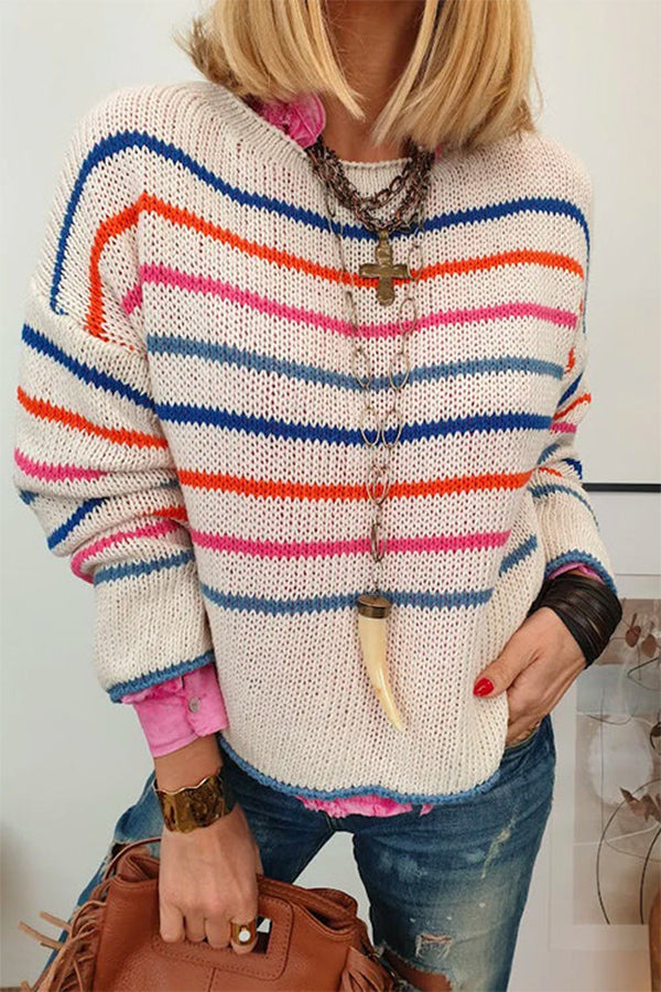 Drop Shoulder Color Block Stripes Knitting Sweater Beige
