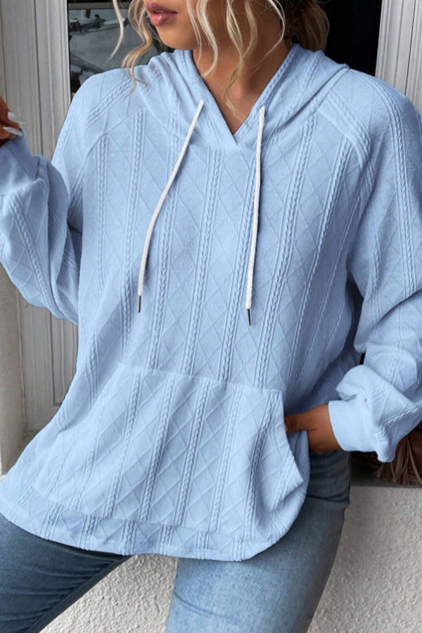 Casual Jacquard Patch Pocket Oversized Loose Hooded Sweatshirt Blue