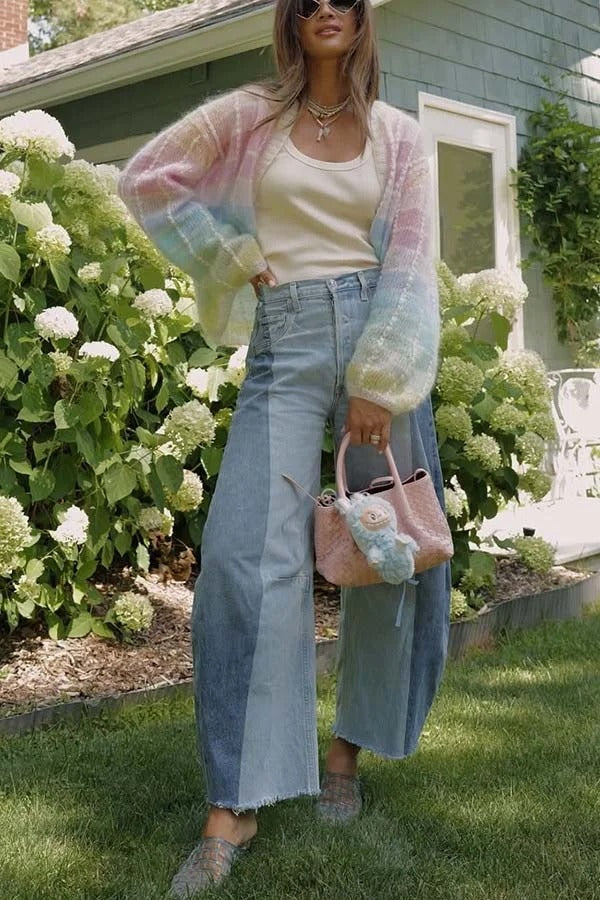 Palette Day – Lockere Strickjacke mit Farbblöcken und offener Vorderseite und Ballonärmeln