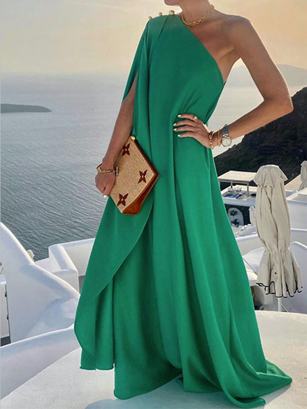 Robe longue ample à une épaule, couleur unie, tendance