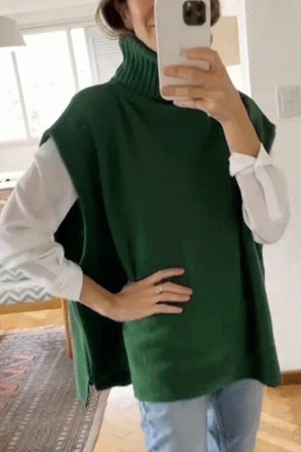 Turtleneck Sleeveless Top Fashion Casual Sweater dark green