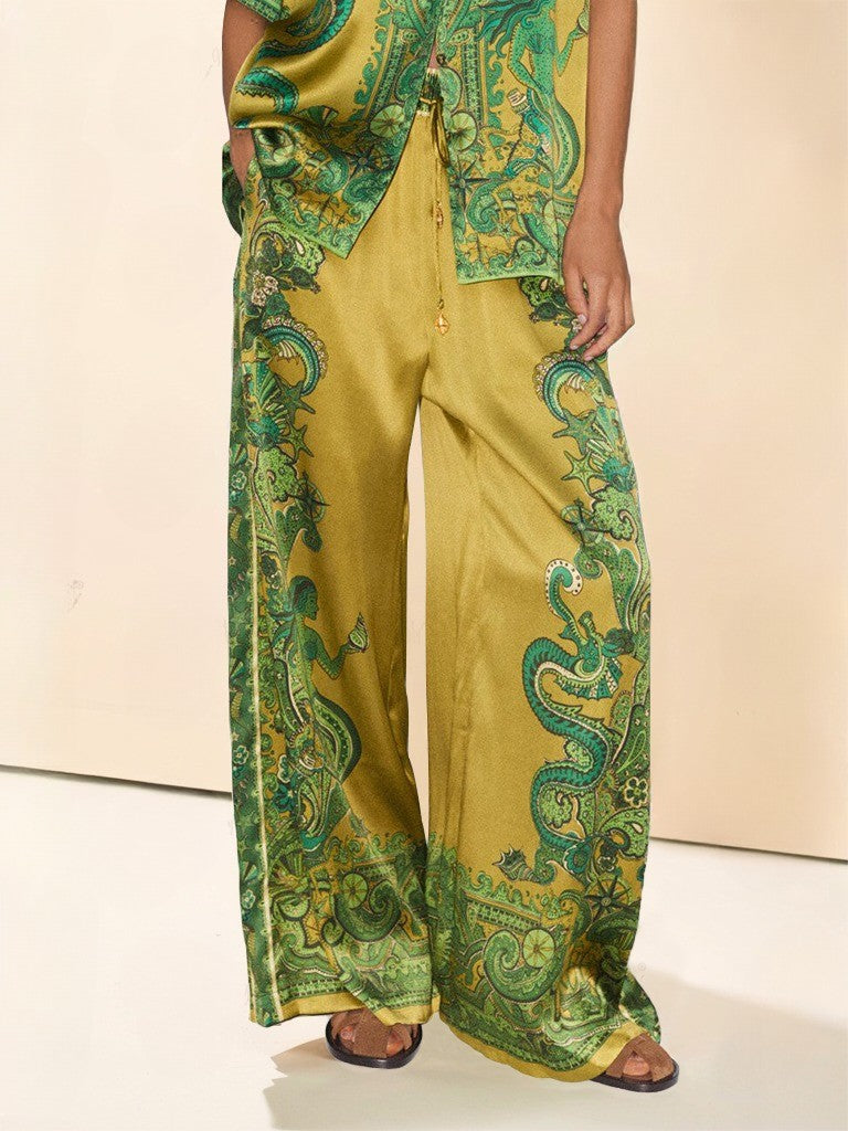 Exquisite Satin Unique Floral Print Wide Leg Pants