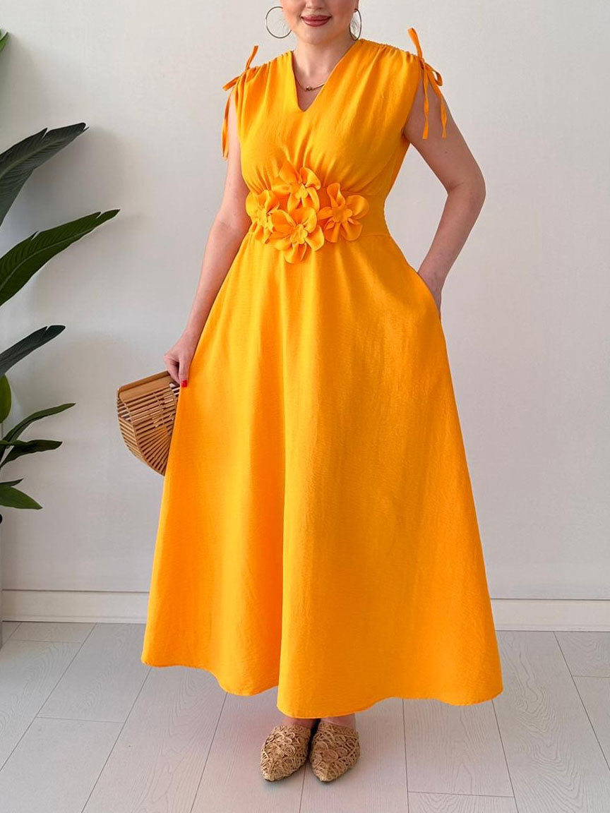 Robe midi fleurie exquise à col en V et cordon de serrage