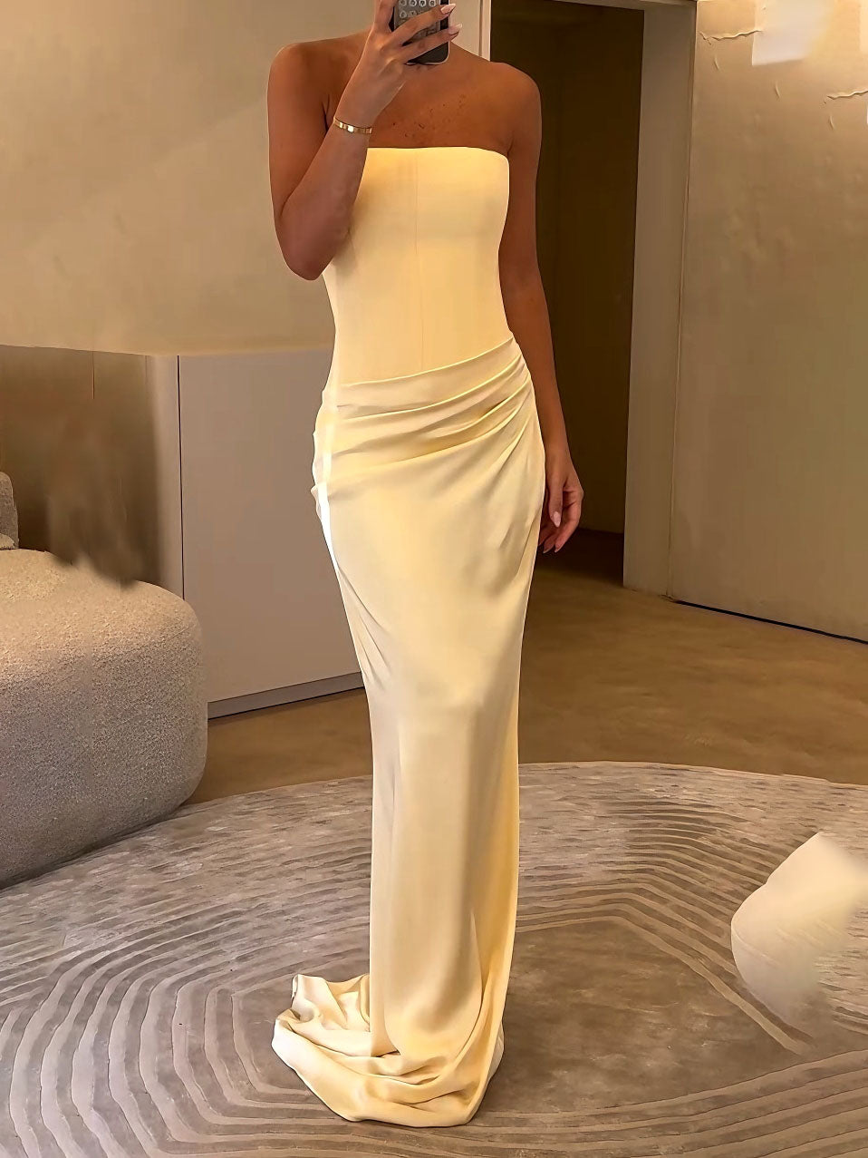 Elegant Strapless Draped Satin Maxi Dress