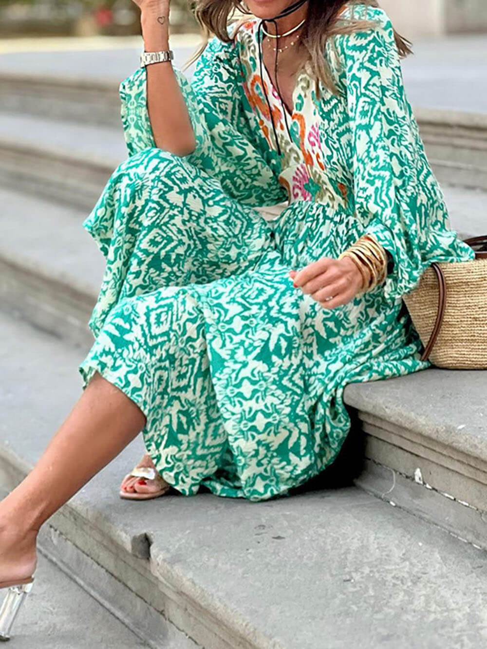 Robe longue à imprimé colorblock et col en V, tendance et décontractée