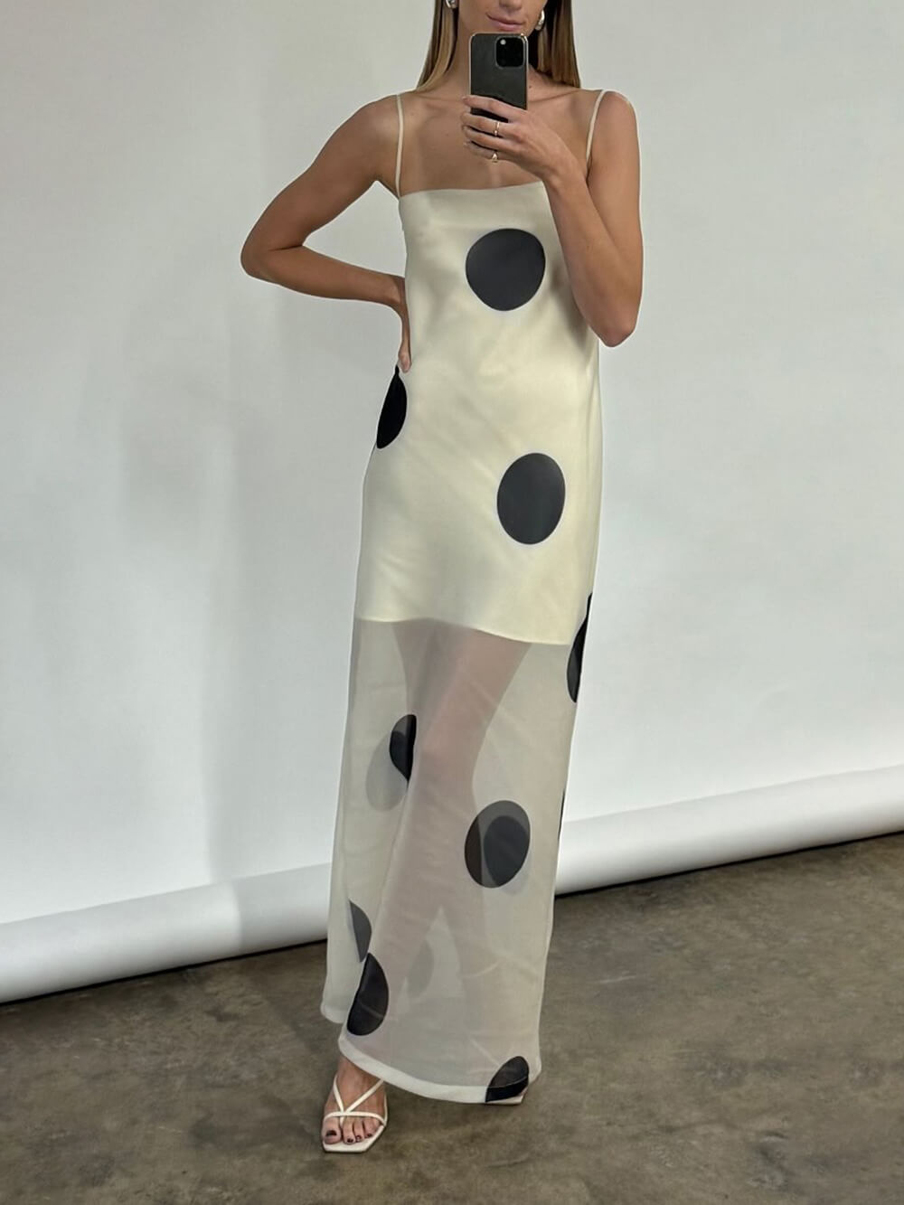 Elegant Mesh Stitching Polka Dot Print Off-Shoulder Suspender Maxi Dress