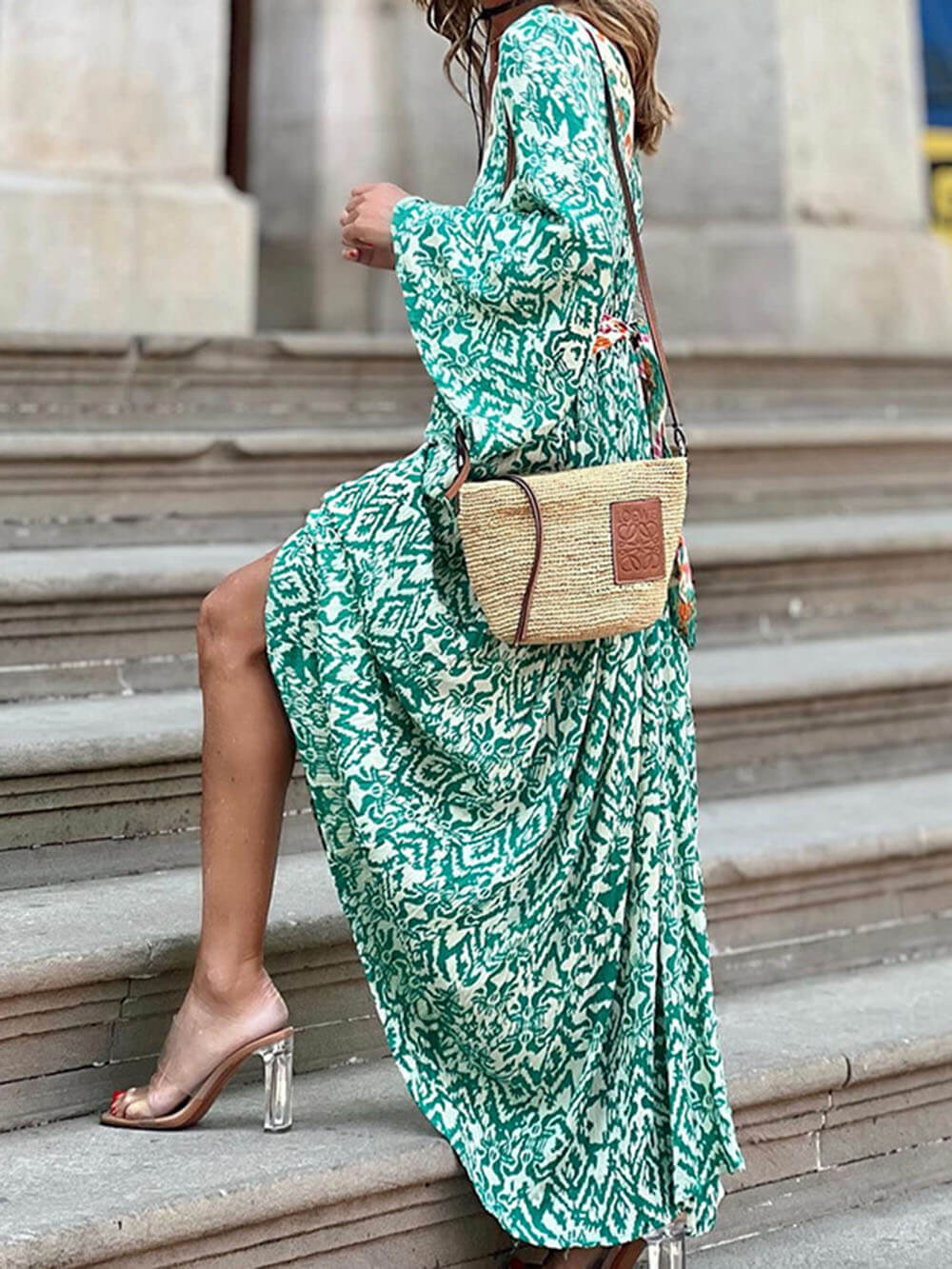 Robe longue à imprimé colorblock et col en V, tendance et décontractée