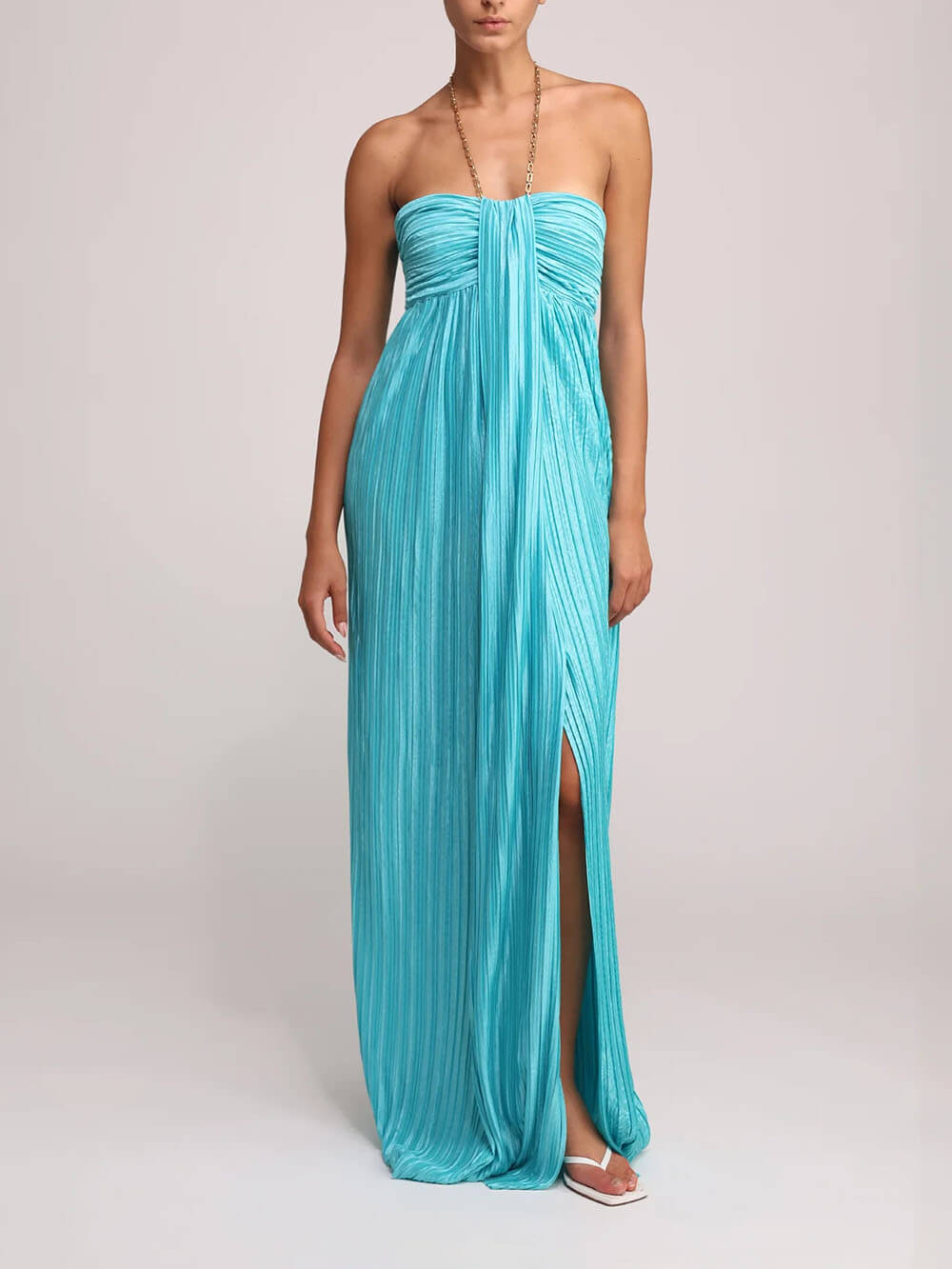 Elegant Pleated Halter Off-the-Shoulder Slit Maxi Dress