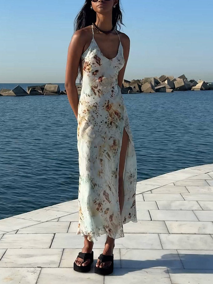 Sexy Maxikleid mit abstraktem Blumendruck und V-Ausschnitt und Schlitz