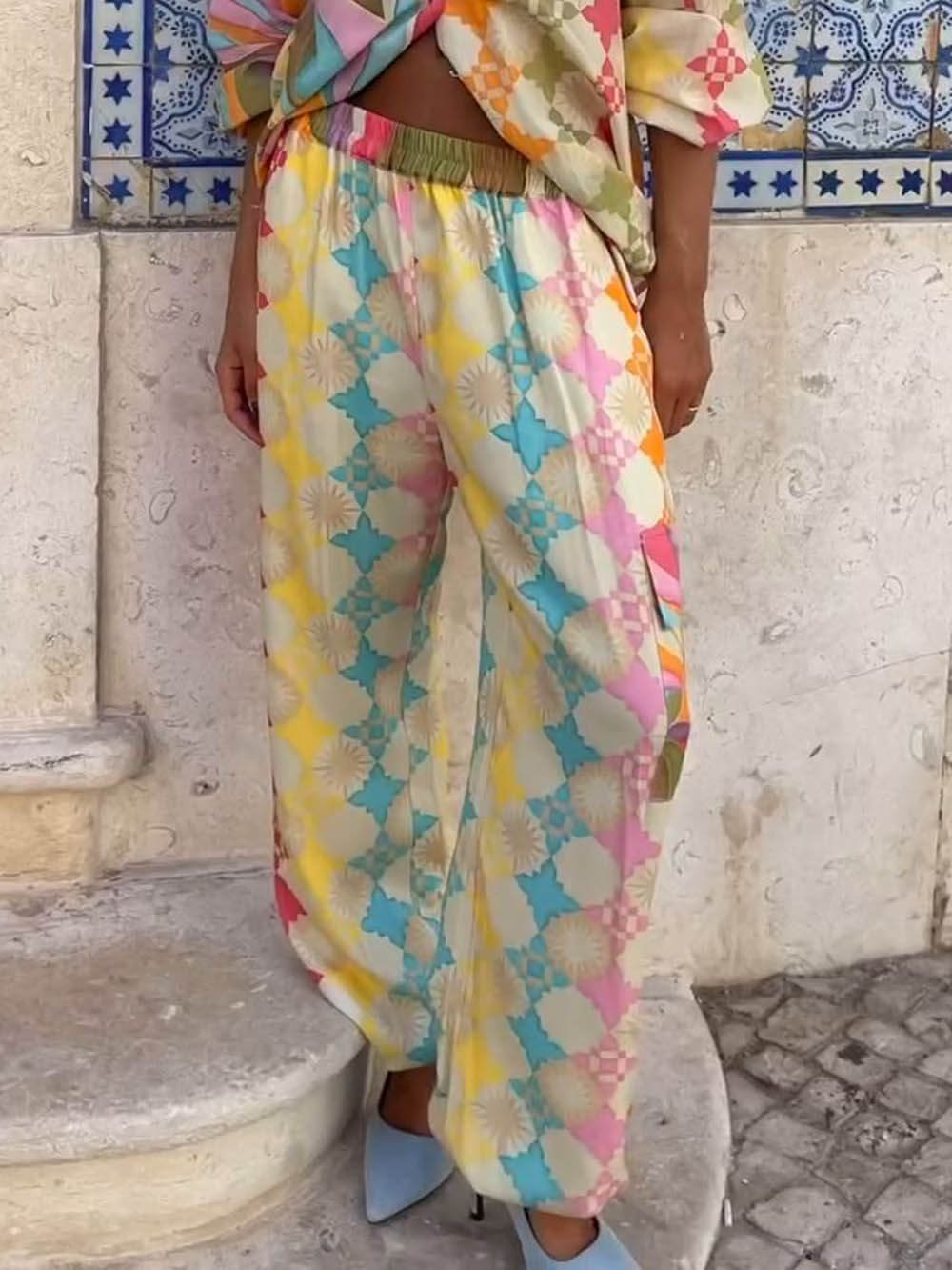 Vintage Chic Hose mit bemaltem Druck und elastischer Tasche