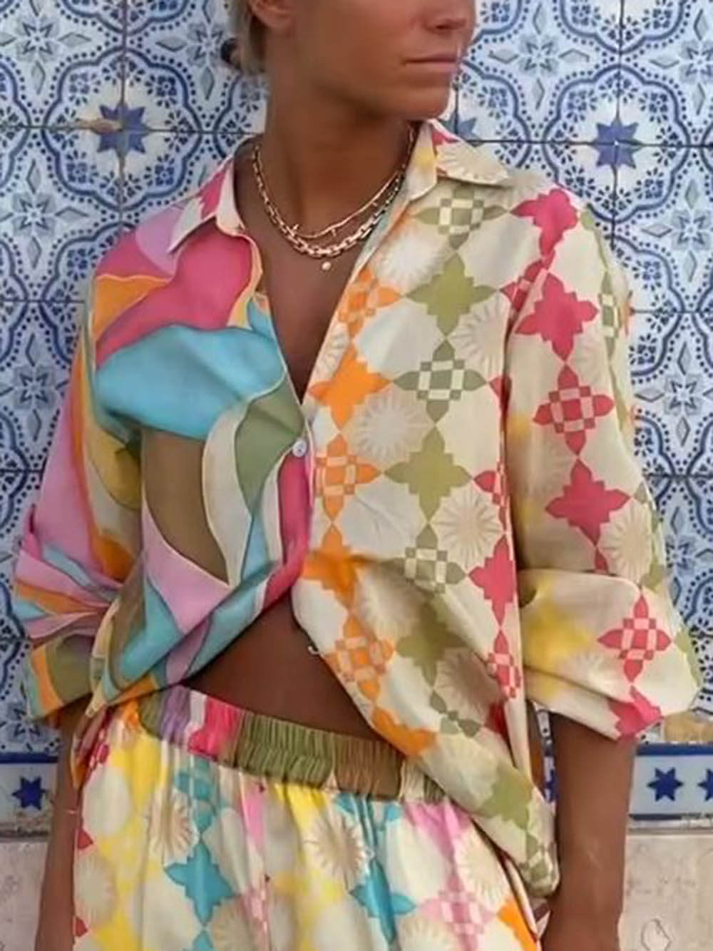 Chemise simple boutonnage à imprimé peint vintage chic