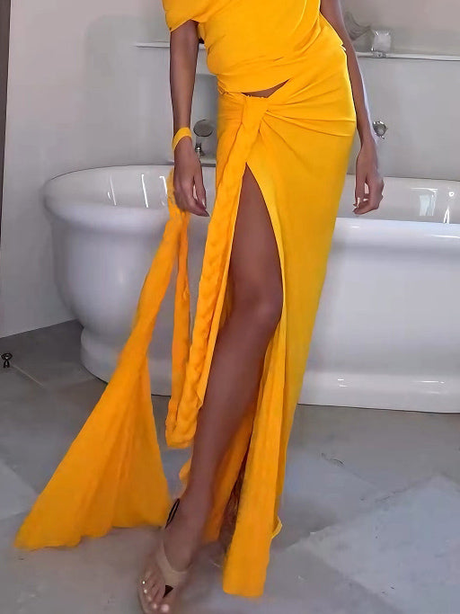 Elegant High-waisted Slit Braided Maxi Skirt
