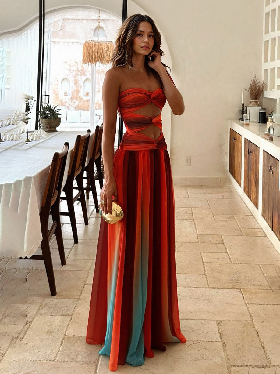 Robe longue de soirée sexy à imprimé dégradé et ajouré