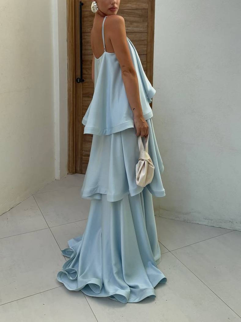 Elegant Three-layer Ruffle Sling Maxi Dress