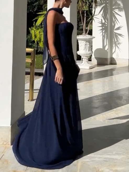 Robe longue trapèze à haut tube et écharpe
