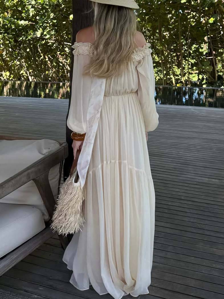 Robe longue à manches longues et épaules dénudées, style vacances