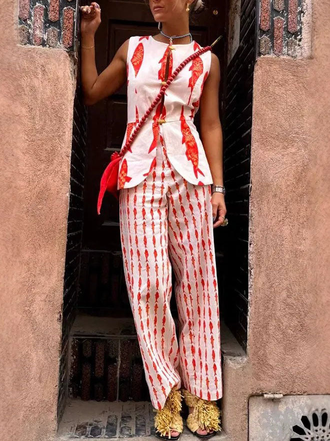 Einzigartige Hose mit weitem Bein und elastischer Taille und Glücksfisch-Print