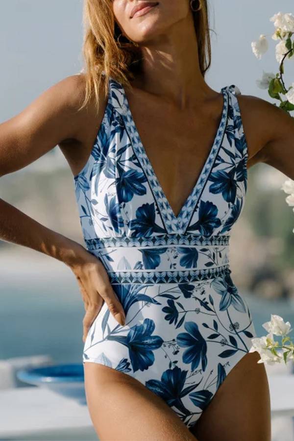 V Neck Lace Up Printed One Piece Swimsuit and Skirt