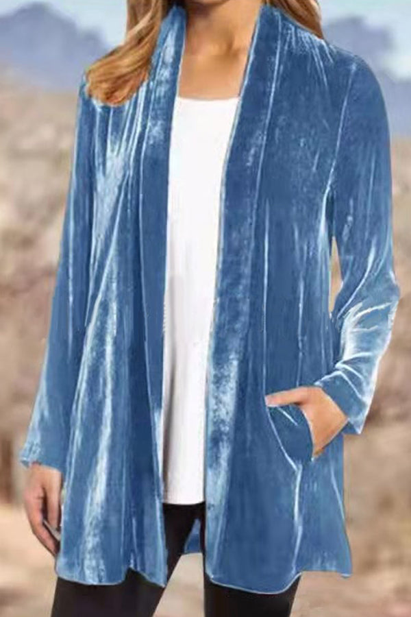 Casual Gold Velvet Solid Color Cardigan Blazer Blue