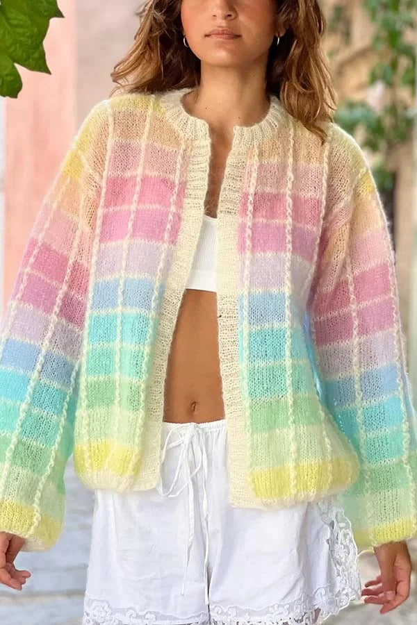 Palette Day – Lockere Strickjacke mit Farbblöcken und offener Vorderseite und Ballonärmeln