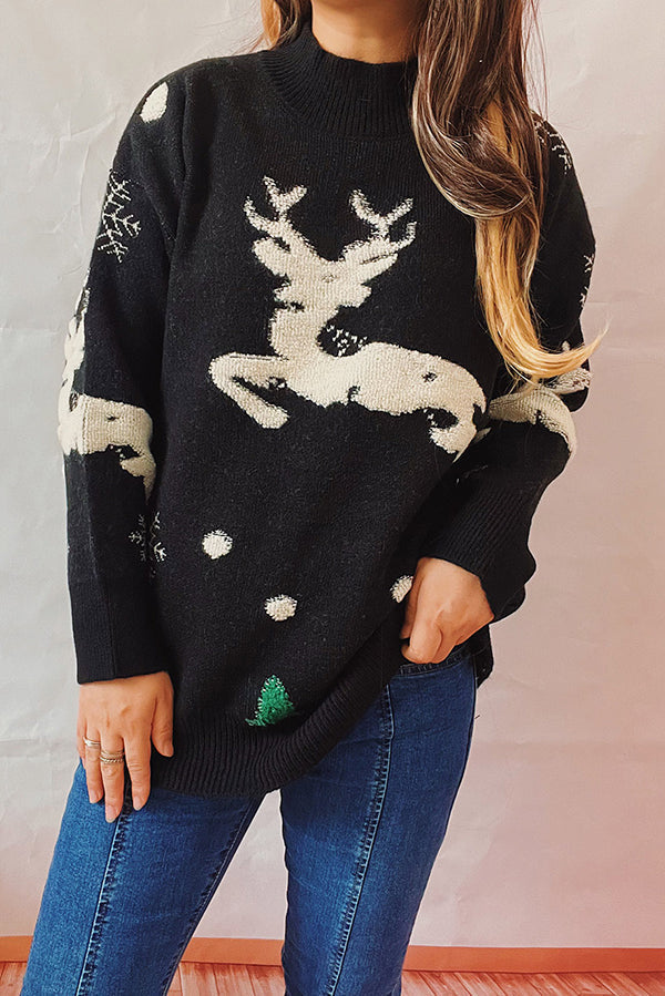 Christmas Pattern Knitted Crew Neck Long Sleeved Sweater Black