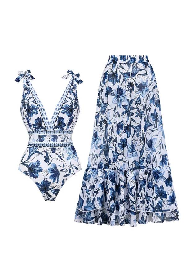 V Neck Lace Up Printed One Piece Swimsuit and Skirt set