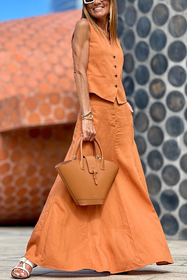 Button Vest Skirt Set Orange