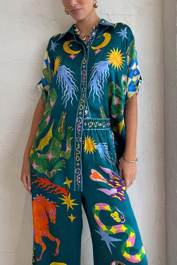 Beachy Chic Linen Blend Unique Print Button Down Oversized Blouse MULTICOLOR