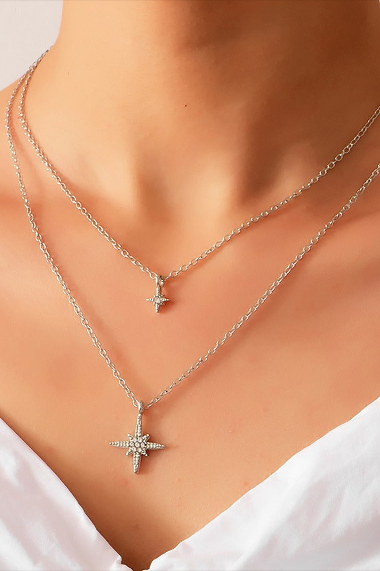 Rhinestone Star Pendants Layered Versatile Fashionable Necklace Silver one size