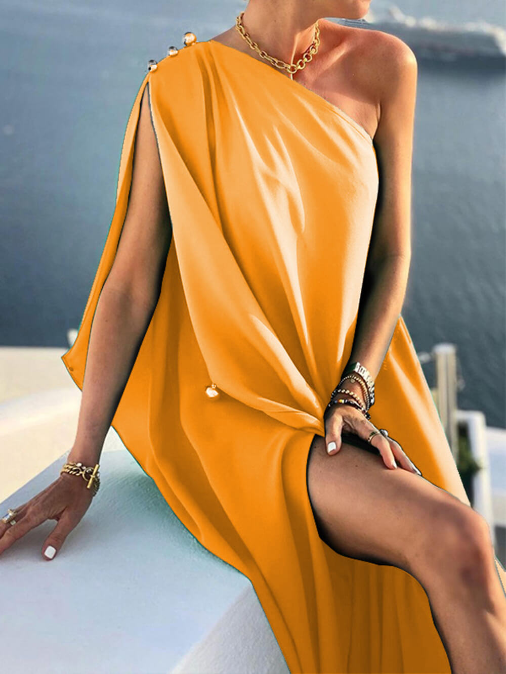Robe longue ample à une épaule, couleur unie, tendance