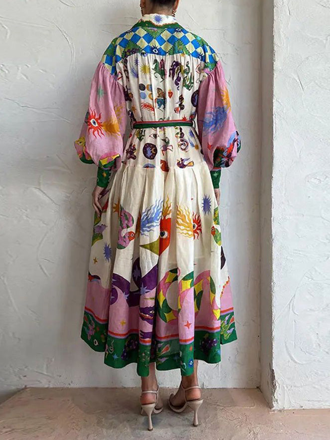Robe mi-longue à manches longues et imprimé rétro, unique et magnifique