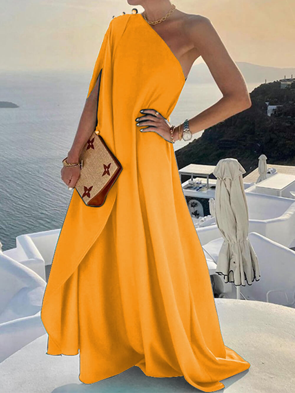 Robe longue ample à une épaule, couleur unie, tendance