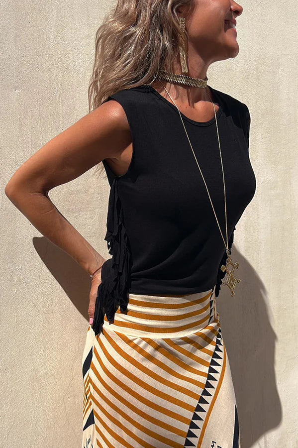 Told You So Girl Cotton Blend Tassel Trim Relaxed Top Black