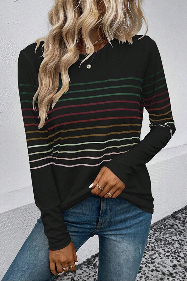 Black Striped Round Neck Long Sleeve Top Black