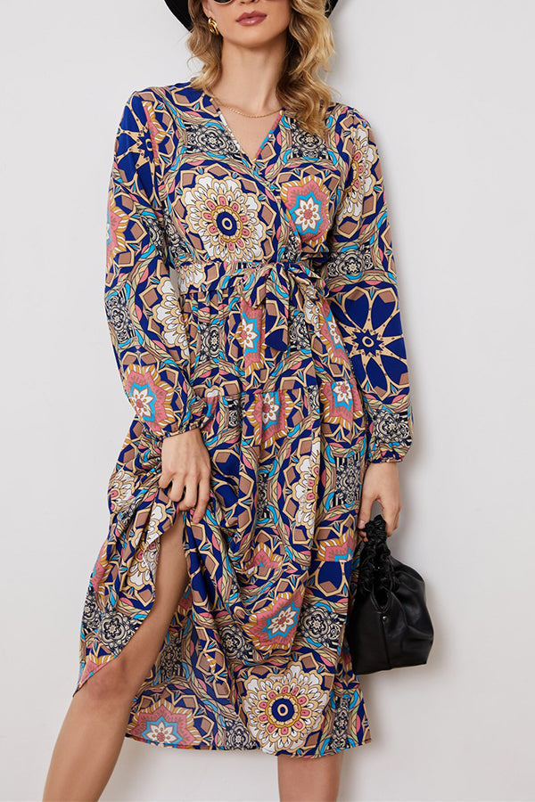 big flower long sleeve waist dress colourful