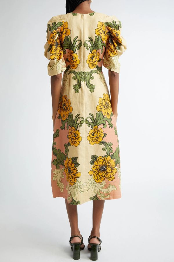 Flower Vine Linen Blend Unique Print Twist Cutout Neck Puff Sleeve Midi Dress