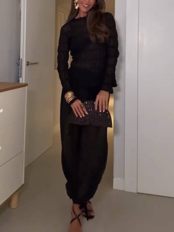Ensemble chemise plissée à manches longues et pantalon style vacances