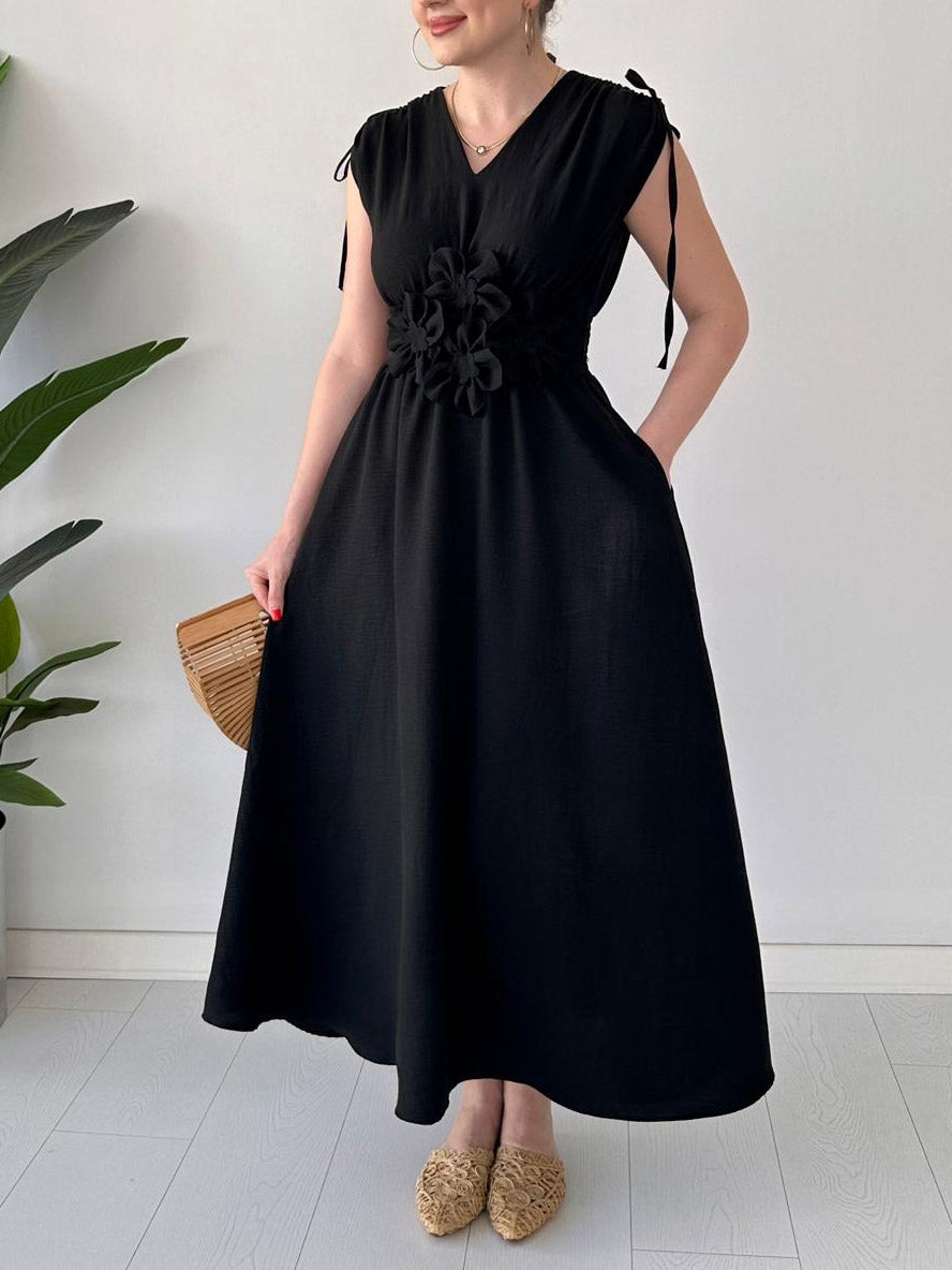 Robe midi fleurie exquise à col en V et cordon de serrage