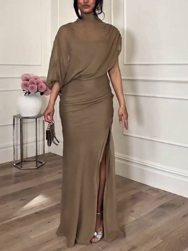 Asymmetrical Design Pleated Front Slit Maxi Dress