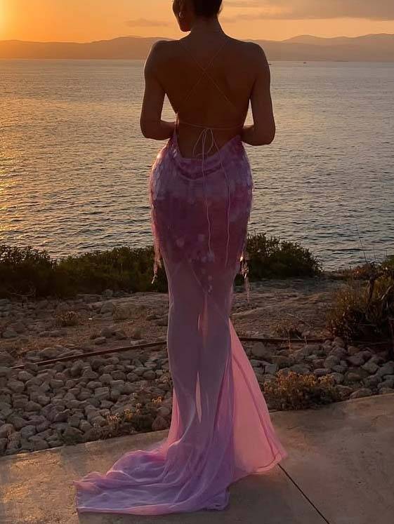 V-neck Backless Sequined Fishtail Maxi Dress