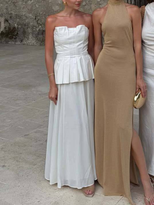 Minimalist Pleated Tube Top And Skirt Set-Top