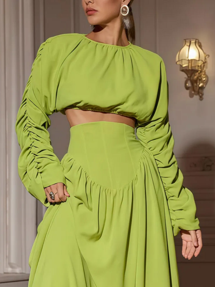 Elegantes, plissiertes Langarm-Crop-Shirt