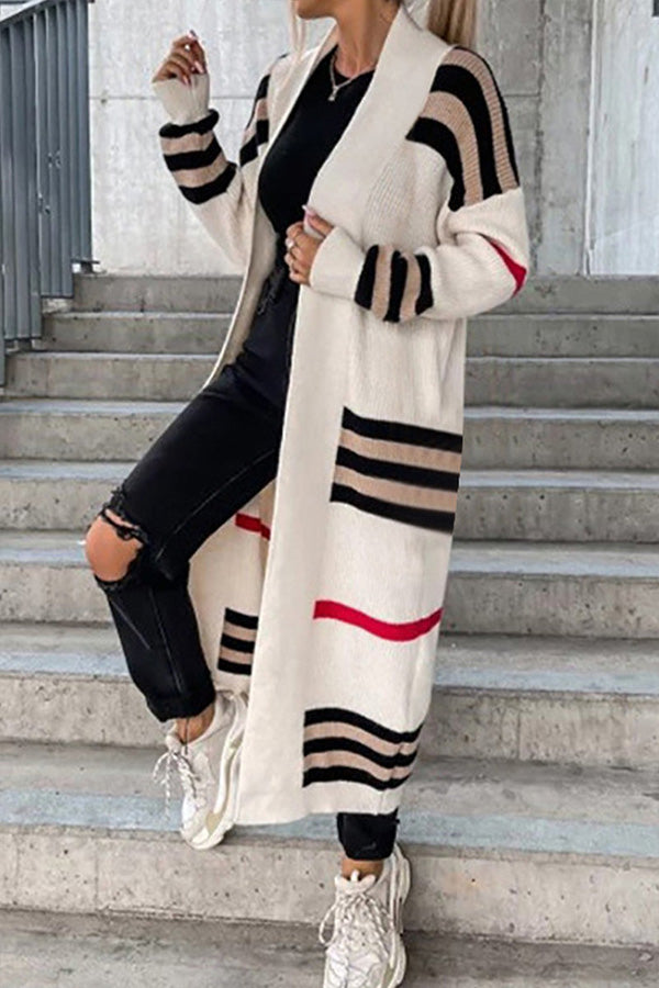 Casual Street Striped Patchwork V Neck Outerwear Cream White