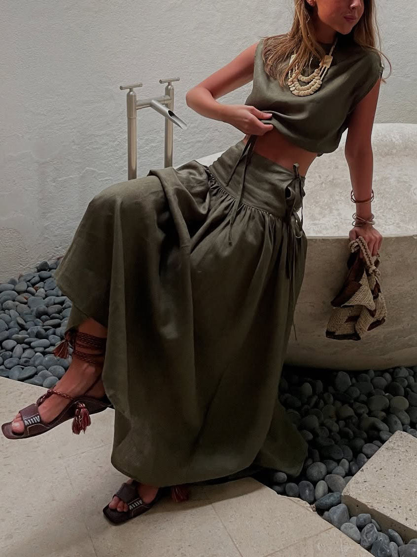 Débardeur court décontracté à cordon de serrage