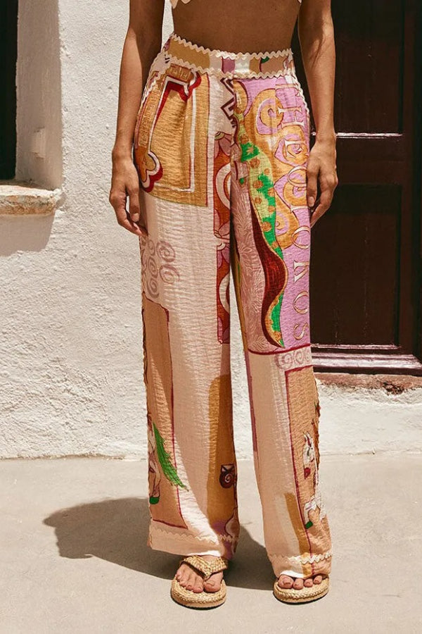 Tia Linen Blend Ric Rac Trims Unique Print Tank + Shirt + Pocketed Pants Set (3pieces)