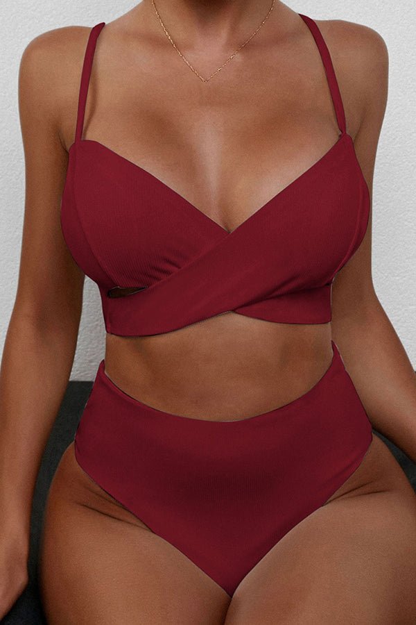Pit Strip Solid Color Crossover High Waist Bikini Red