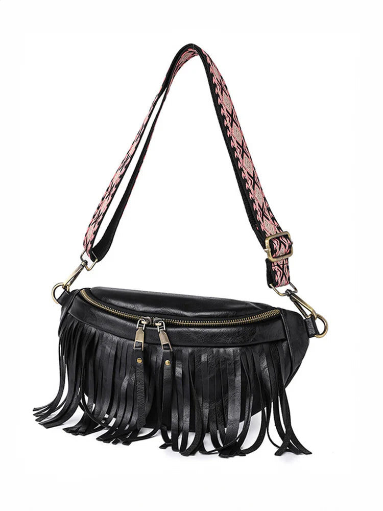 Vintage Totem Shoulder Strap Tassel Hobo Bag Black ONE SIZE
