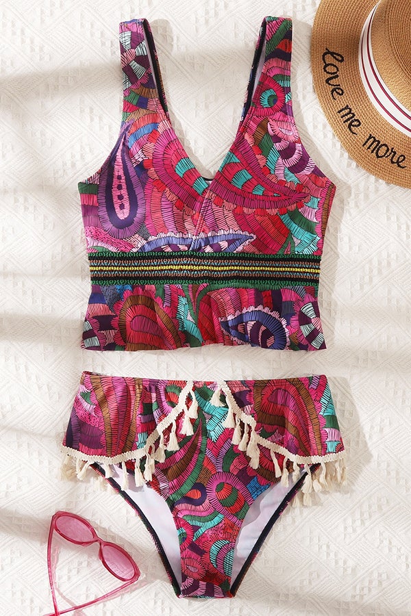 Summer Escape Ethnic Print Fringed Bikini Swimsuit Red