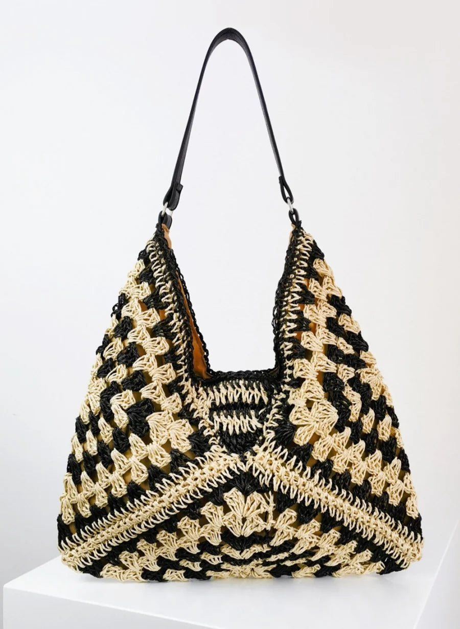 Bicolor Crochet Knit Tote Bag Black ONE SIZE